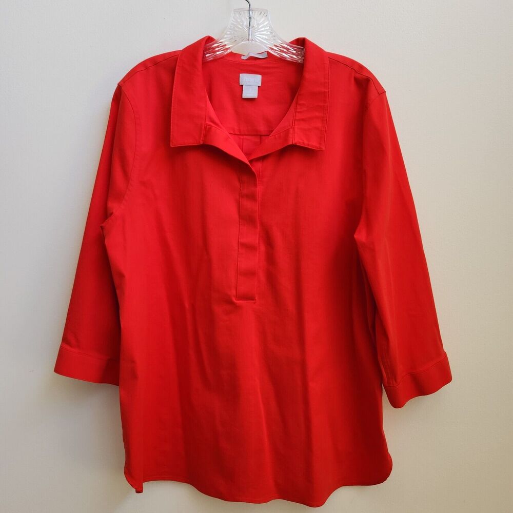 Chico's Top Womens 3 US 16 Red 1/4 Button Cotton Blend Minimalist Holiday Office